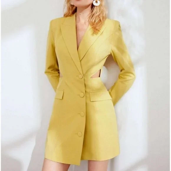 side cut out buttoned blazer dress chic classy elegant fall winter trend yellow - Picture 6 of 7